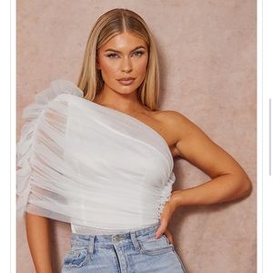 Pretty little thing: White Sheer Ruffle One Shoulder Bodysuit